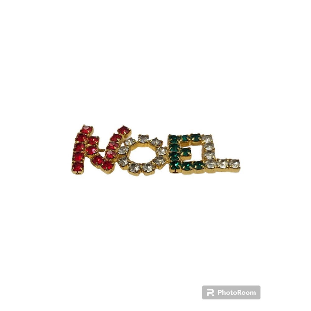 Vintage Christmas NOEL  Brooch  Rhinestone Red ,Clear,Green
